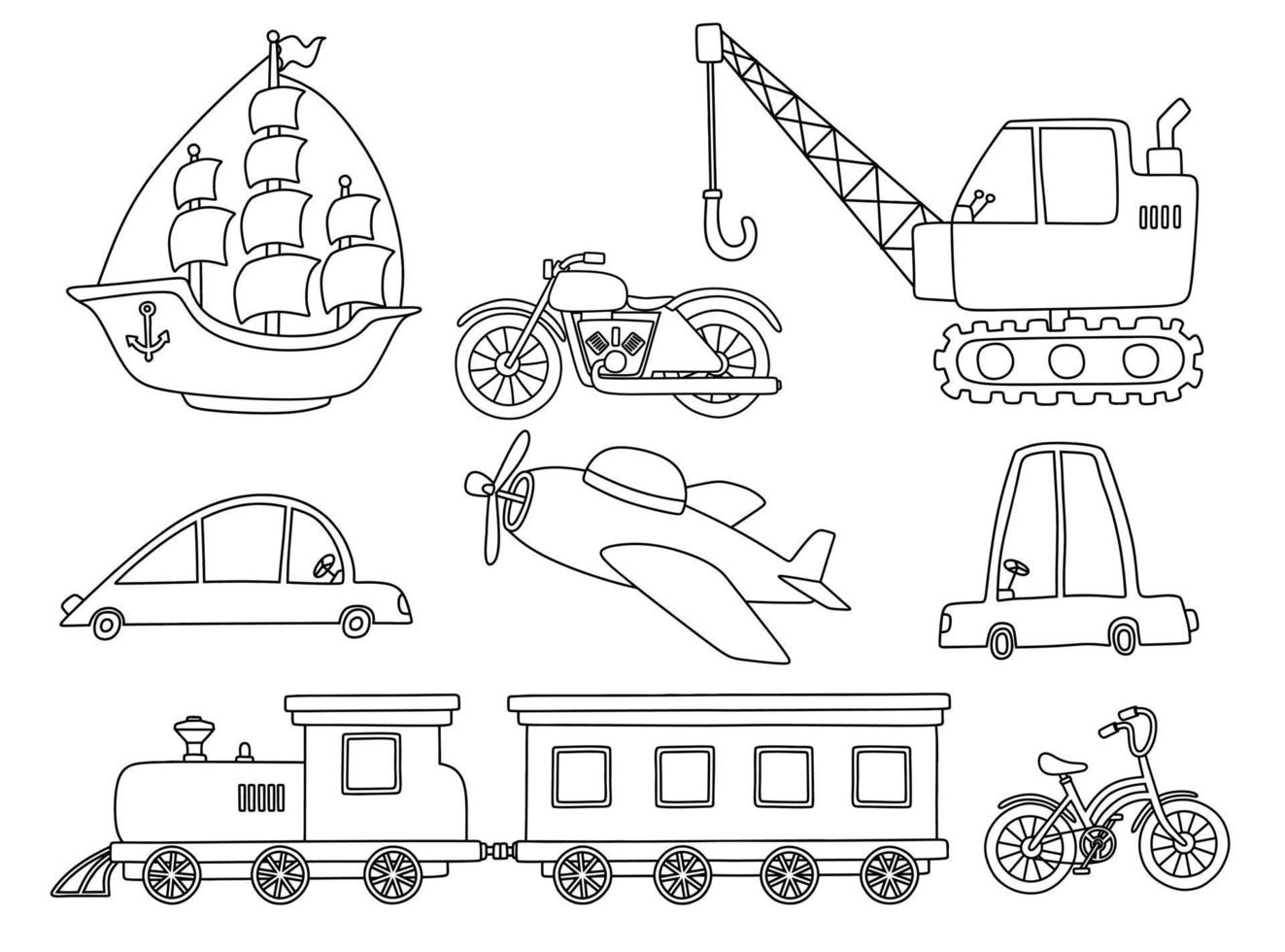 svart linje doodle uppsättning söt transport. vektor