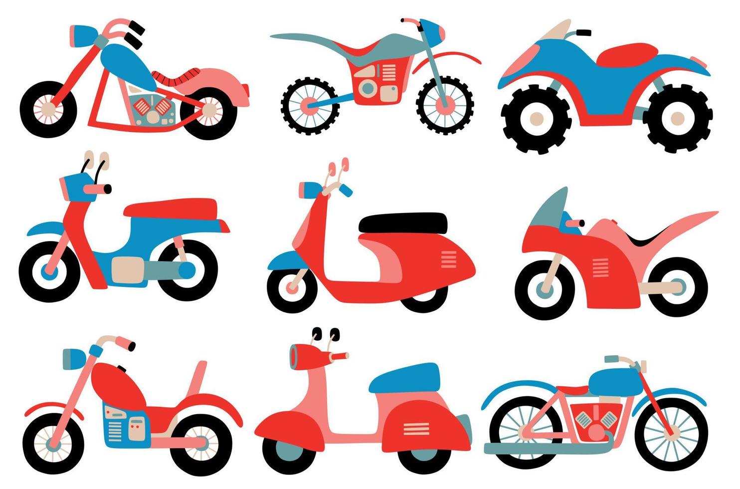 uppsättning av söt motorcykel. vektor illustration