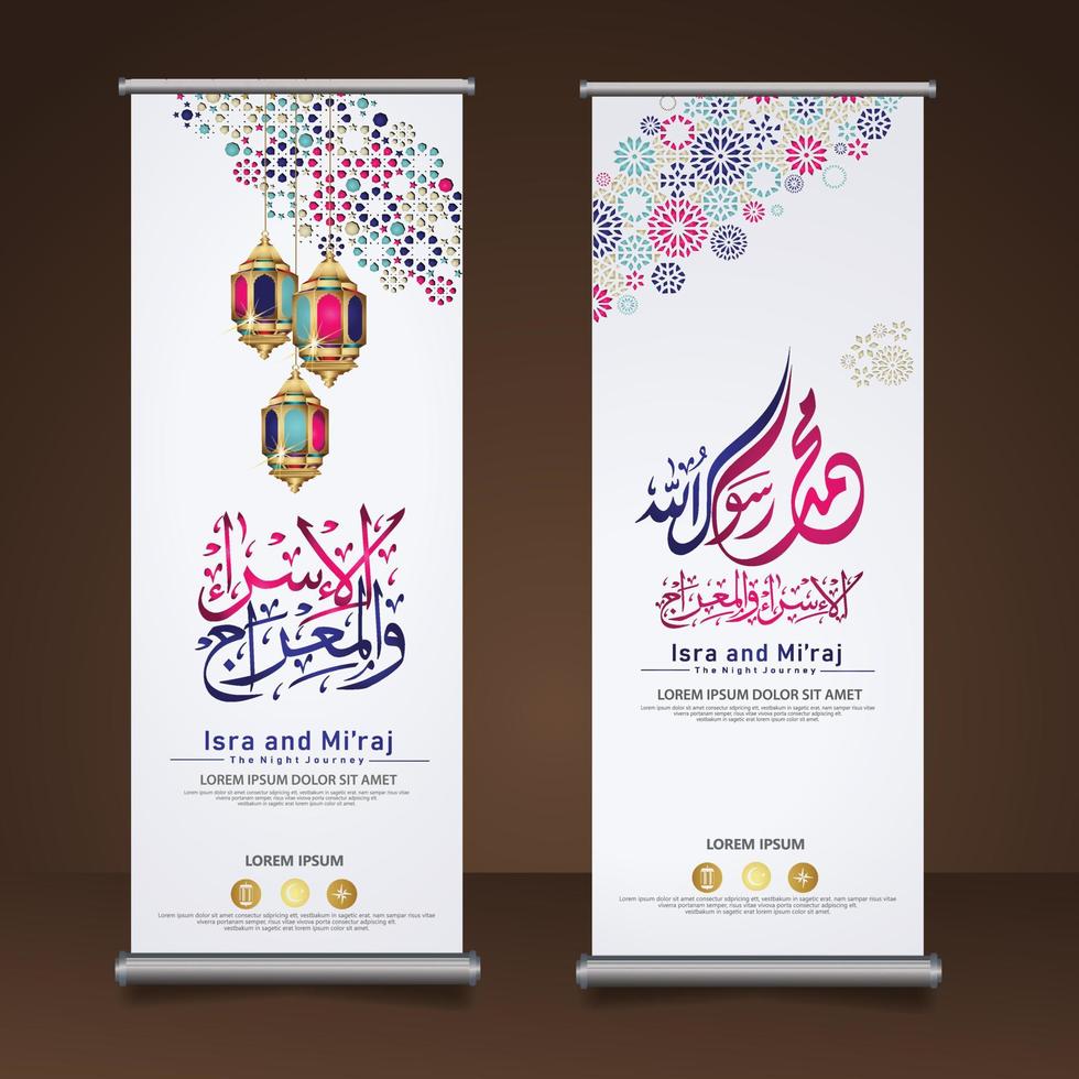 al-isra wal mi'raj prophet muhammad kalligrafie-set roll-up-banner-vorlage mit handgezeichneter kaaba, halbmond und traditioneller laterne mit dekorativem buntem mosaik-islamischem hintergrund vektor