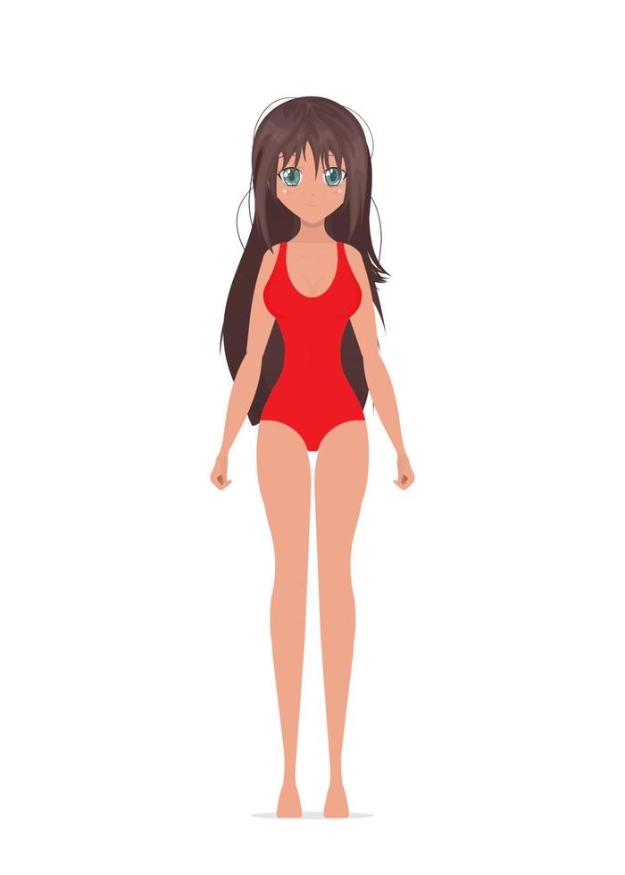 söt flicka i en röd baddräkt. tecknad anime stil. vektor illustration