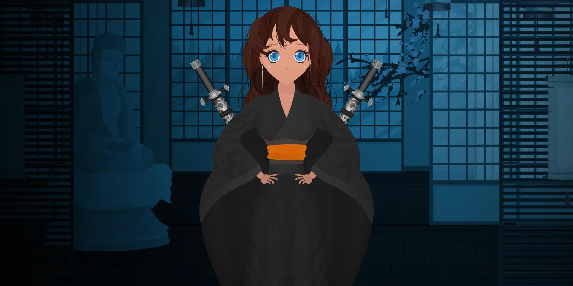 Frauen in einem langen schwarzen Kimono aus Seide und einem Katana auf dem Rücken. Cartoon-Stil. Vektor-Illustration. vektor