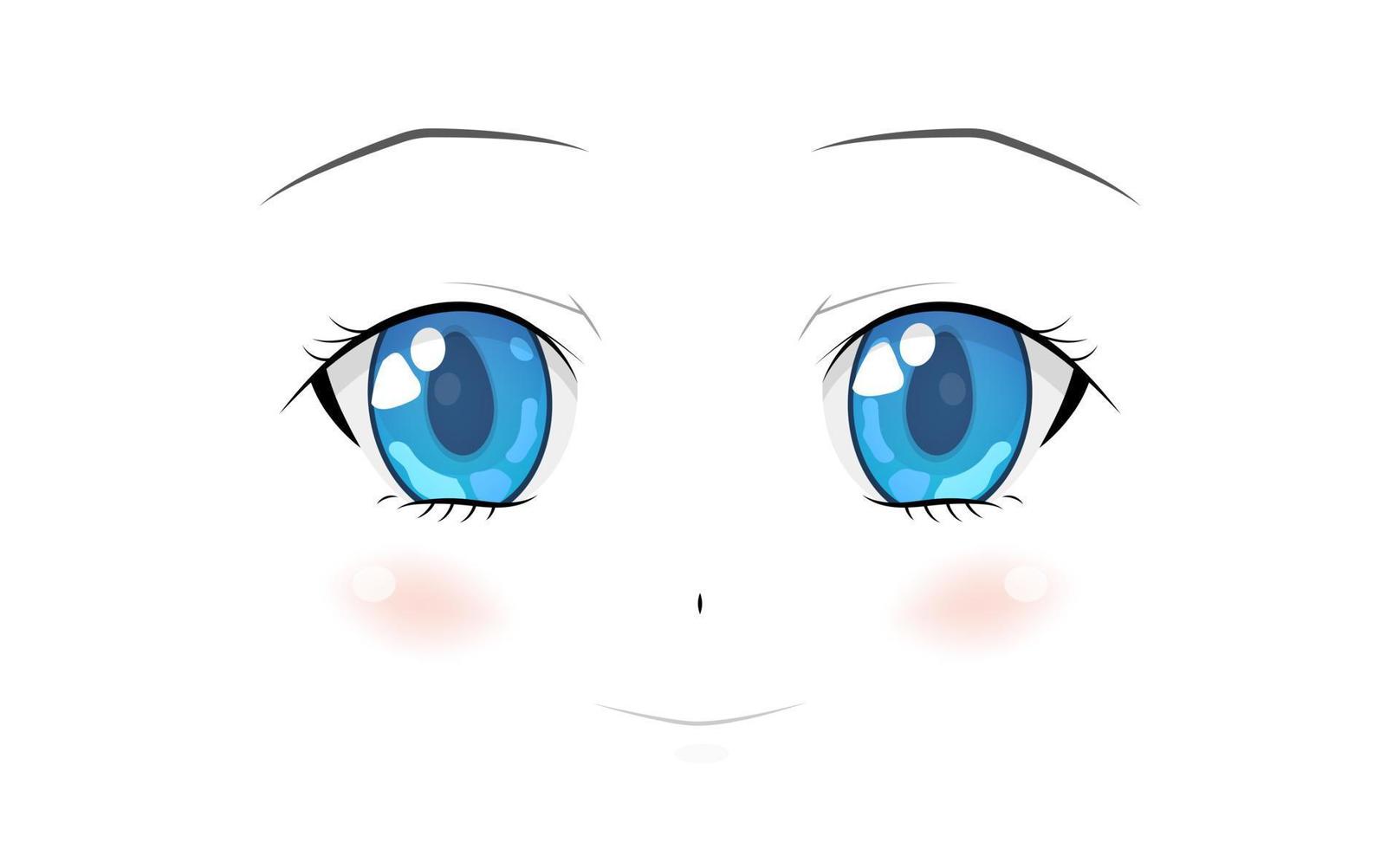 glad anime ansikte. manga stil stora blå ögon, liten näsa och kawaii mun. handritad vektorillustration. isolerad på vitt. vektor