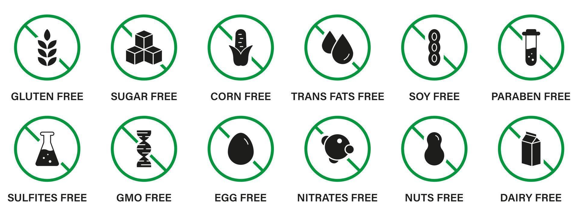 gratis allergen ingrediens siluett svart ikonuppsättning. förbjuden symbol för gmo, transfett, socker, soja, ägg, gluten, majs, mejeriprodukter, socker, mjölk, parabener och nitrater. isolerade vektor illustration.