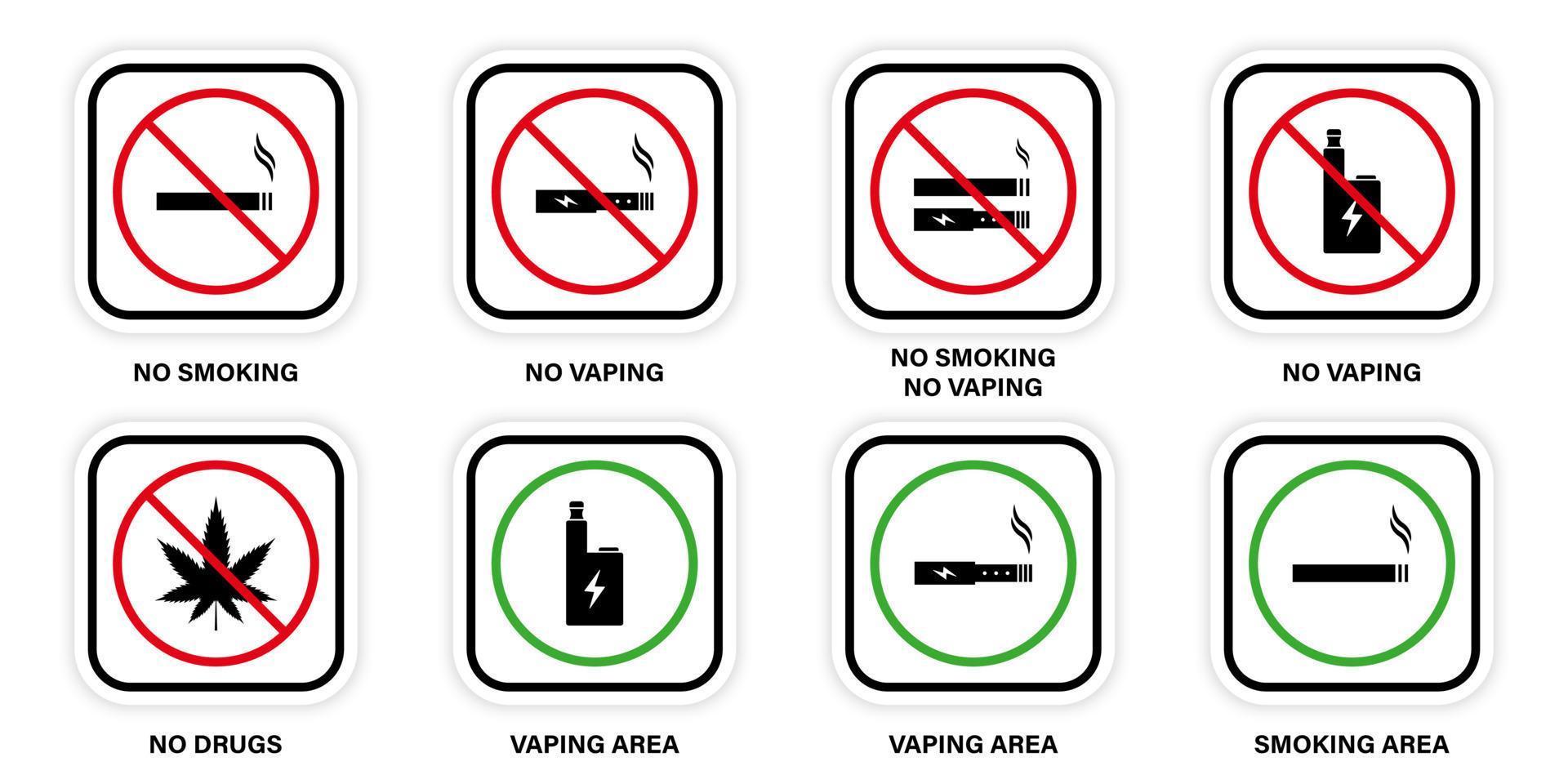 skylt för förbjudet rökområde. stoppa rökområde förbjudet piktogram. förbudszon rök cannabis drog vaping elektronisk cigarett siluett ikon. tillåt rökning grön skylt. isolerade vektor illustration