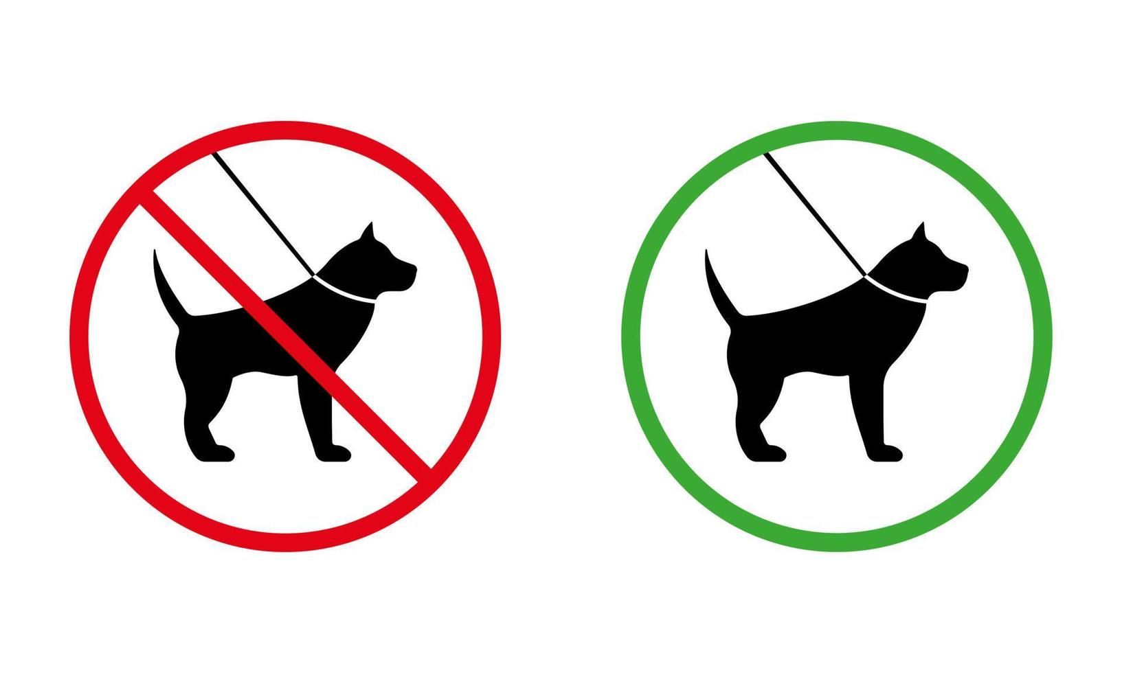 Haustier an der Leine Gehzone verbotenes Piktogramm. Verbot zu Fuß Hund schwarze Silhouette Symbol. Spaziergang Tier rotes Symbol zulassen. Erlaubnis zum Spazierengehen Haustier-Walking-Bereich grünes Kreisschild. isolierte Vektorillustration. vektor