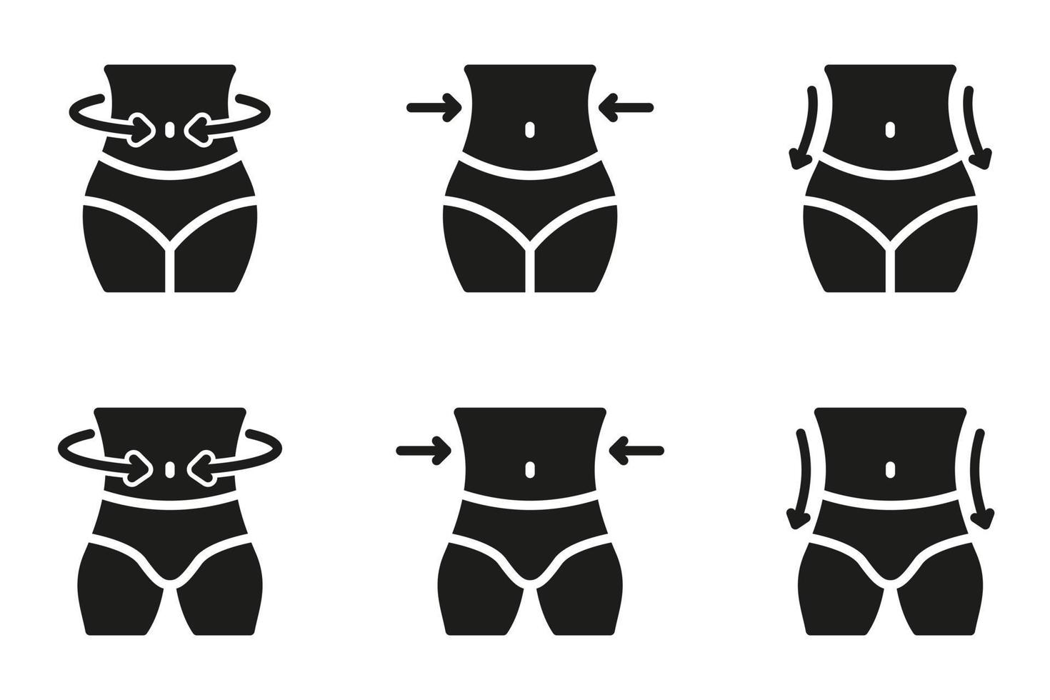 bantande midja. kvinna och man viktminskning siluett ikon. form midjelinje kontroll svart ikon. uppsättning kvinnliga och manliga kroppen bantning piktogram. isolerade vektor illustration.