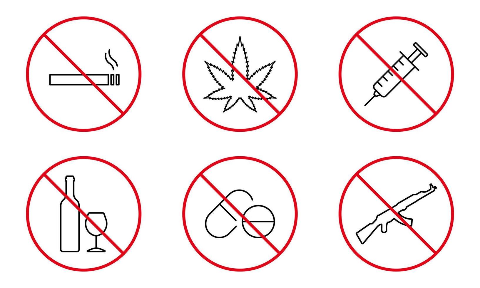 ingen drog, alkohol, cigarett, piller, spruta, pistol ak47 linje ikonuppsättning. narkotiska, vapen förbjudna kontur piktogram. stoppsymbol för fara missbruk. olaglig skylt förbjuden. isolerade vektor illustration.