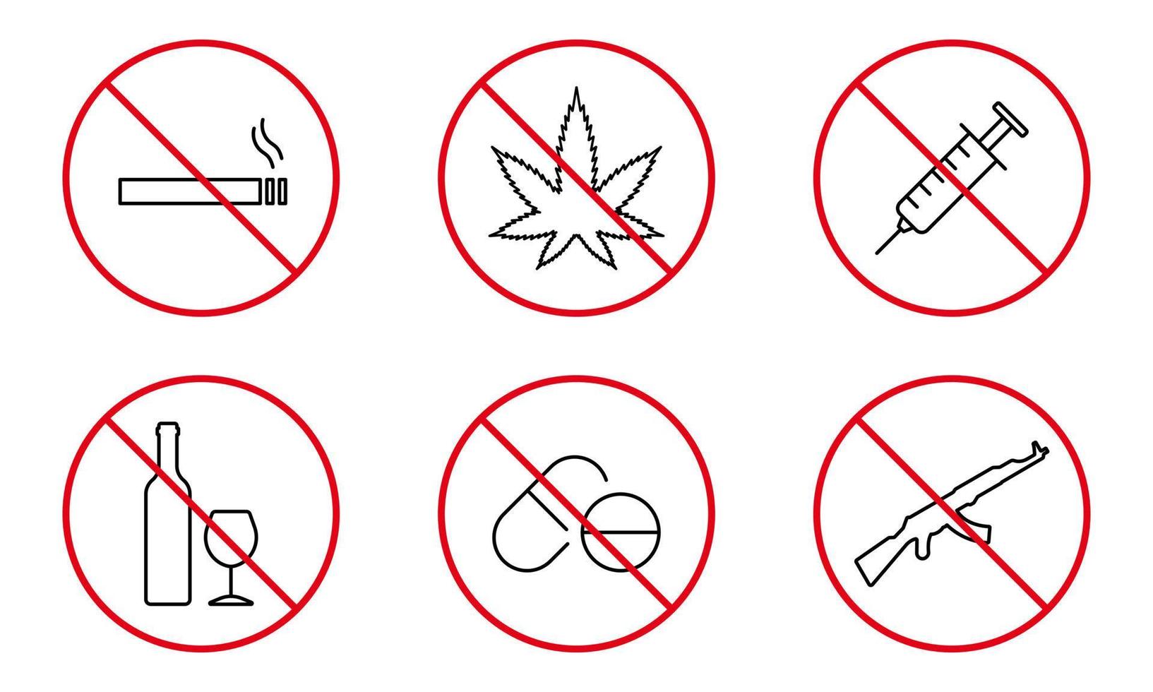 keine droge, alkohol, zigarette, pille, spritze, pistole ak47 line icon set. betäubungsmittel, waffe verboten umriss piktogramm. gefahr sucht stoppsymbol. illegales Zeichen verboten. isolierte Vektorillustration. vektor