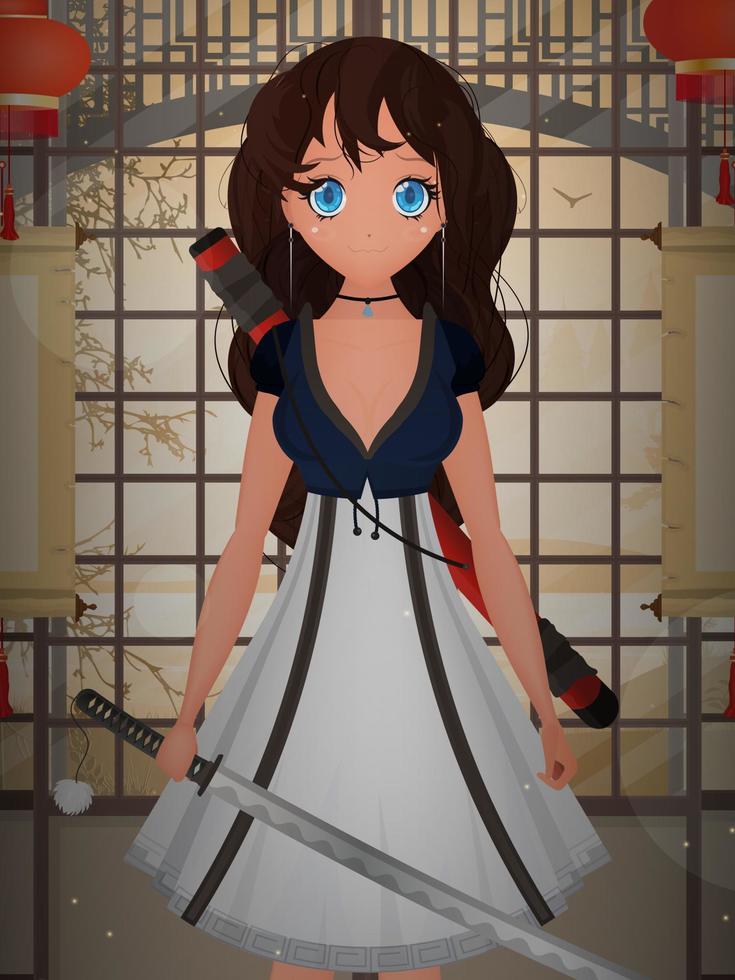 ein mädchen mit einem katana in einem blau-weißen kleid steht in einem japanischen raum. vektor