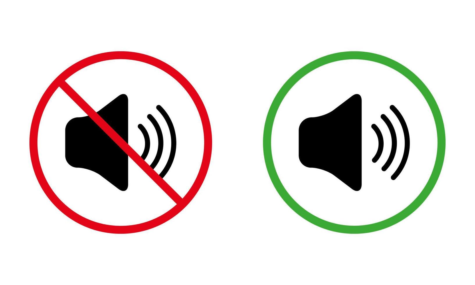 ljud av tyst läge svart siluett ikonuppsättning. förbud buller anmälningszon röd förbjuden rund skylt. högt ljud tillåtet område grön symbol. varning håll tyst. isolerade vektor illustration.