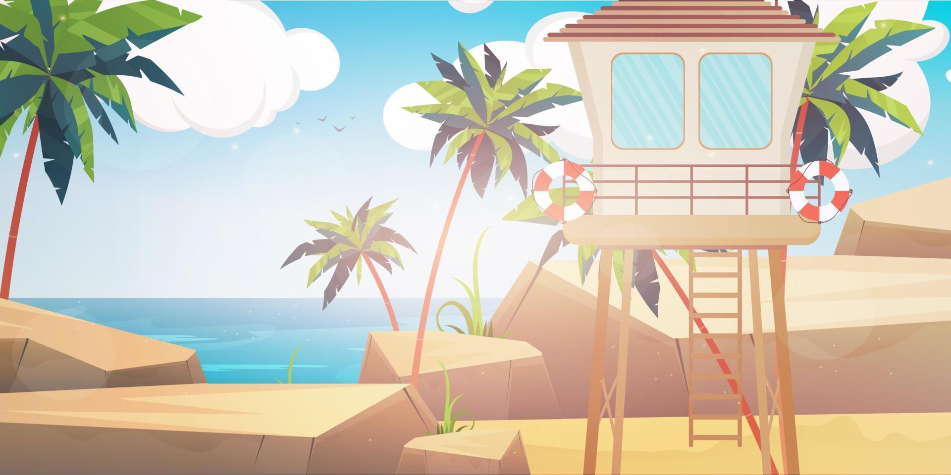 strandräddningspost. strand, palmer, livboj. tecknad stil, vektorillustration. vektor