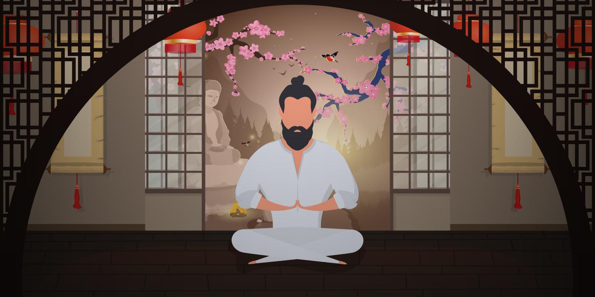 en munk mediterar i ett rum i japansk stil. en samuraj som utövar meditation eller yoga. tecknad stil. vektor illustration.