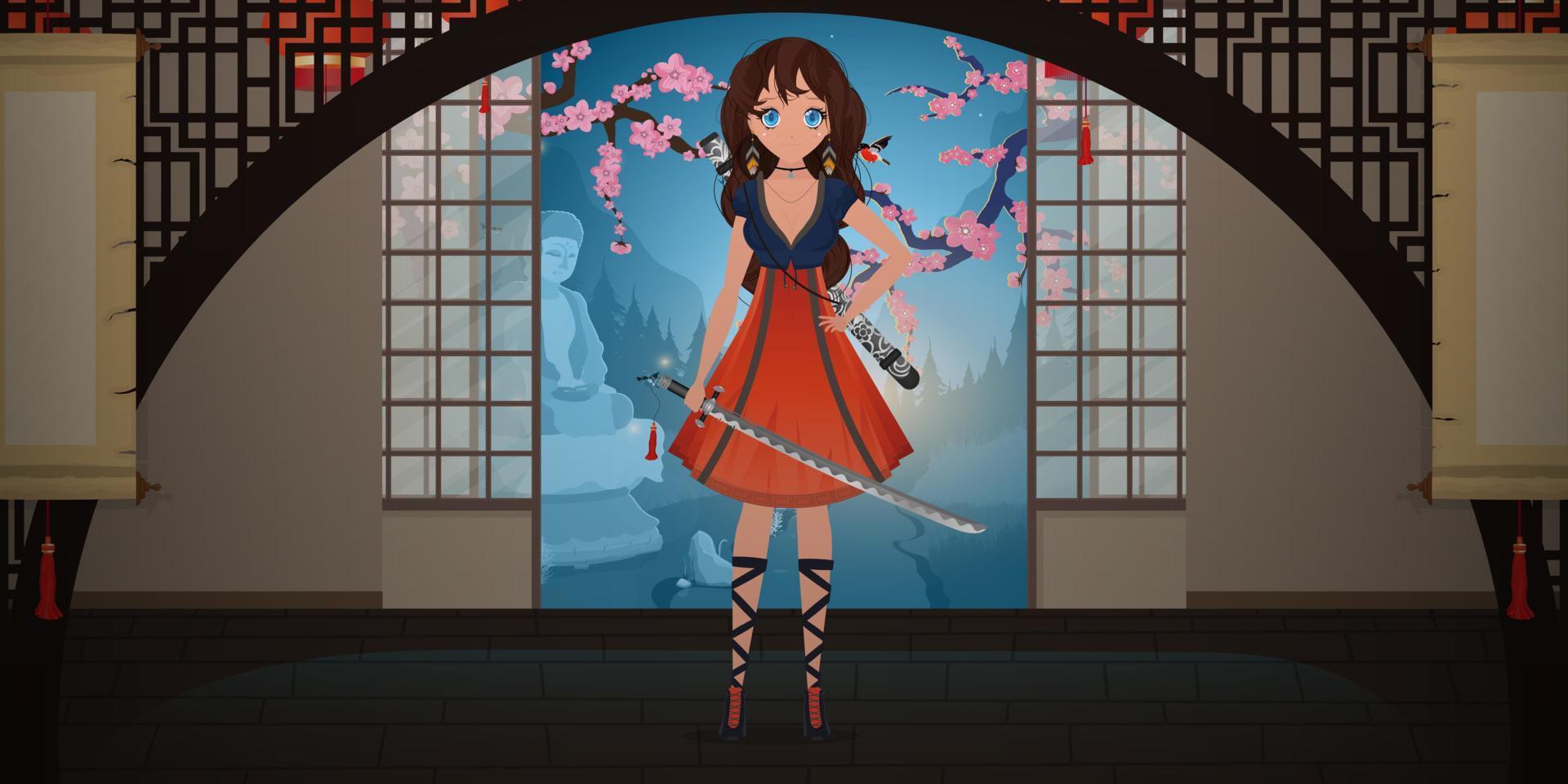 flicka med en katana i en blå och röd klänning. anime samuraj kvinna i det japanska rummet. tecknad stil, vektorillustration. vektor