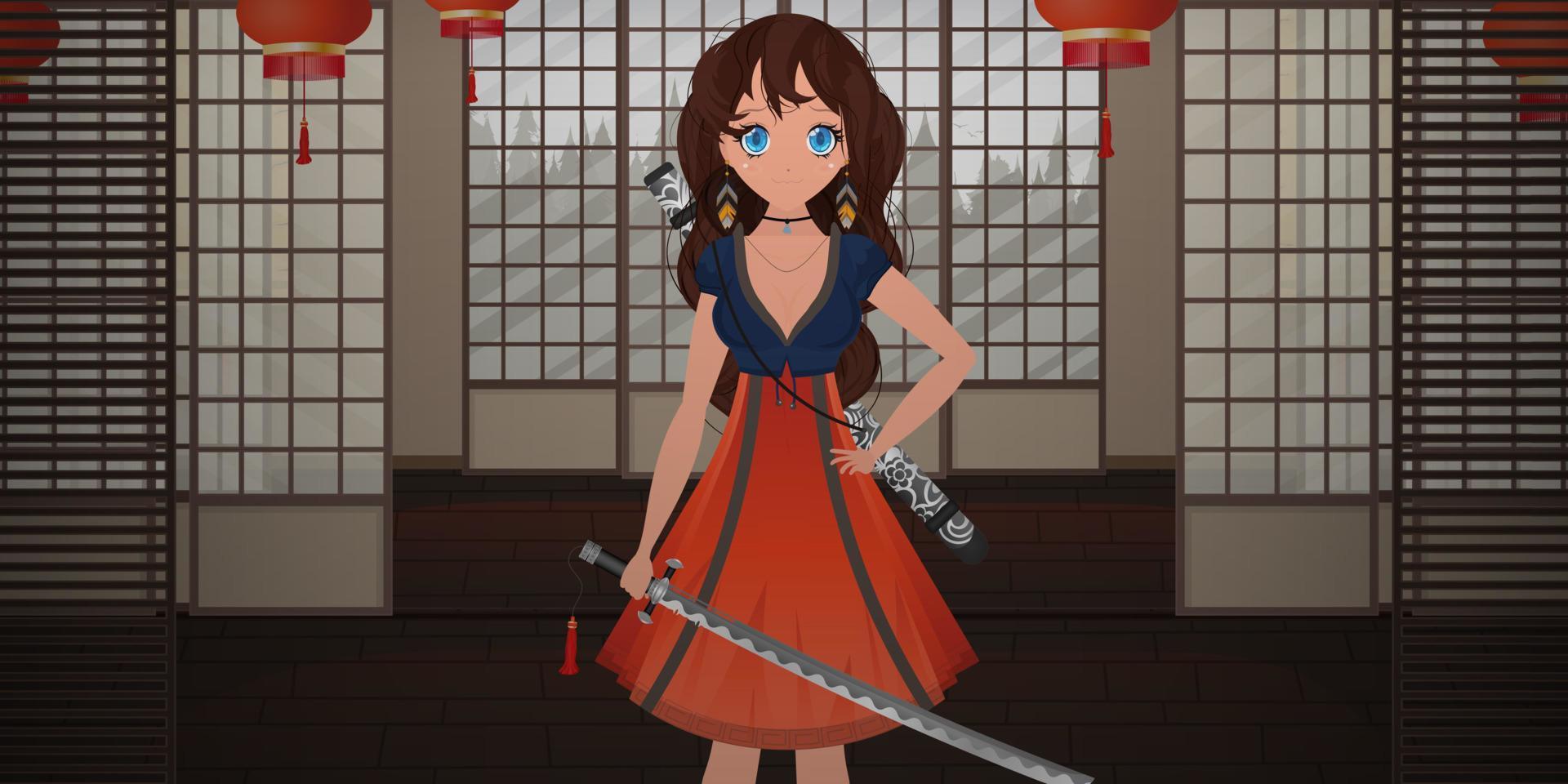 ein mädchen mit einem katana in einem blau-roten kleid steht in einem japanischen raum. Anime-Samurai-Frau. Cartoon-Stil, Vektorillustration. vektor