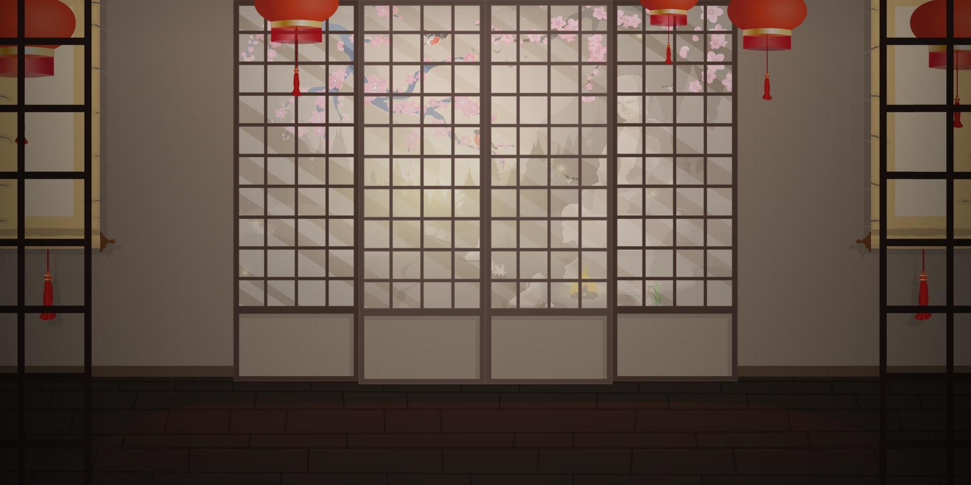 ein Zimmer mit einer traditionellen japanischen Schiebetür. Cartoon-Stil. vektor