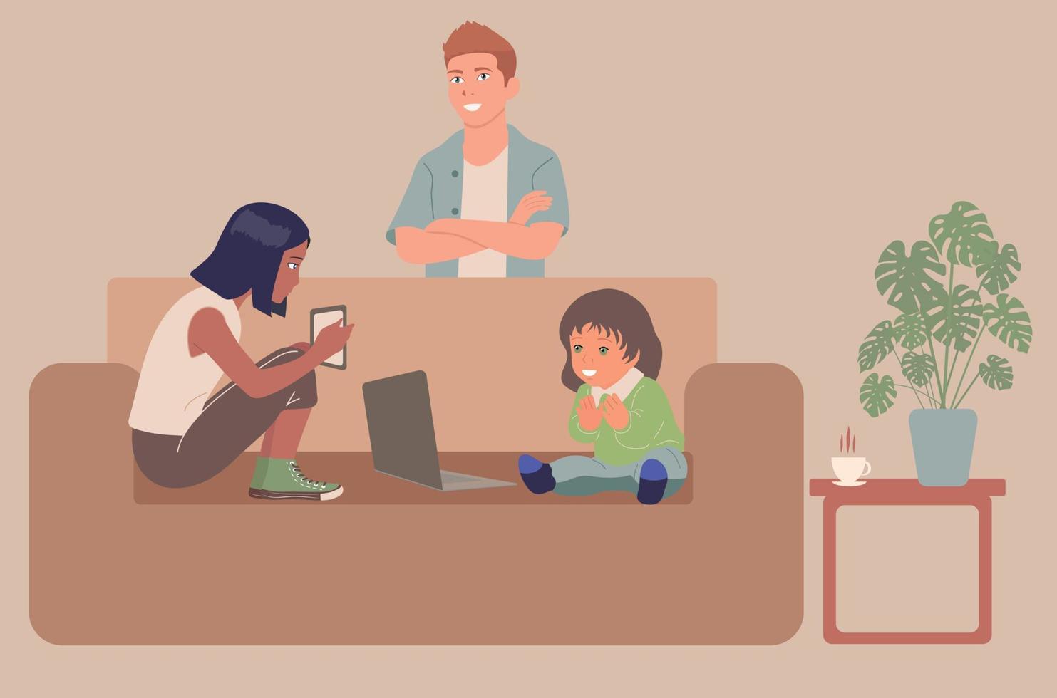Familie auf dem Sofa. menschen nutzen laptops und smartphones für arbeit und unterhaltung zu hause .vektor. vektor
