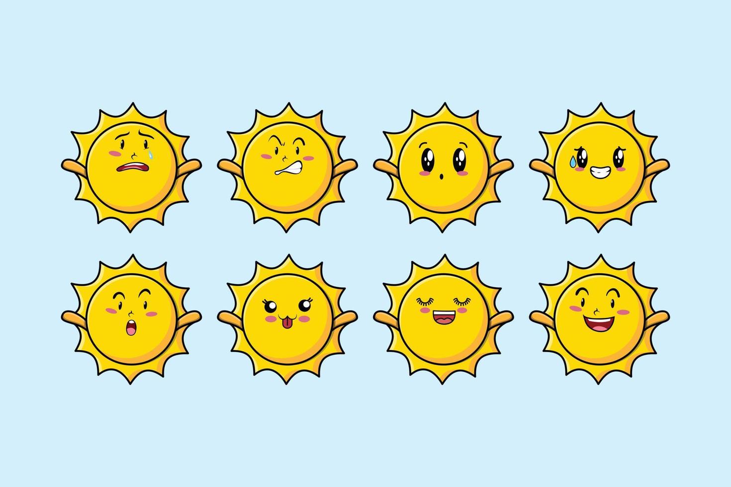 tecknad kawaii sol tecknad med olika uttryck vektor