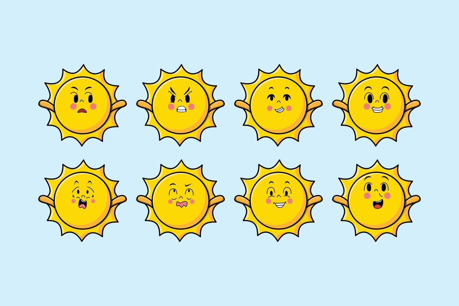 tecknad kawaii sol tecknad med olika uttryck vektor