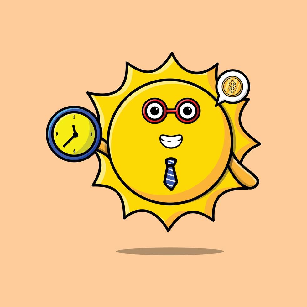 söt tecknad solkaraktär håller klocka vektor