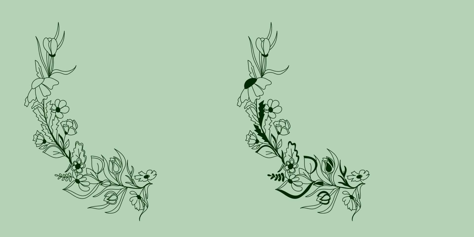 skisserat handritad blomsterkrans, gren, kvist, löv. växtbaserade botaniska naturliga element i doodle stil krans, chaplet, circlet av blommor vektor