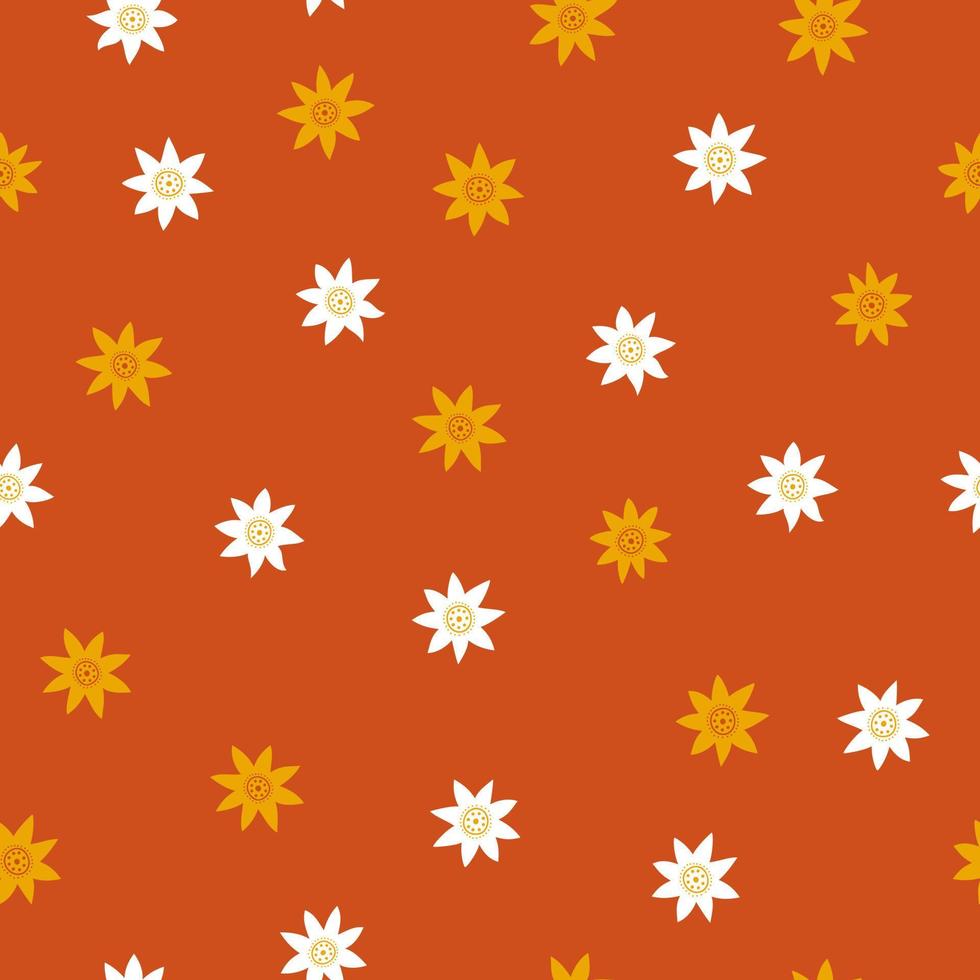 abstrakte retro nahtlose Blümchenmuster auf rotem Hintergrund. bunte vektorillustration. groovige geometrische Blumen im Hippie-Stil. 60er, 70er vektor