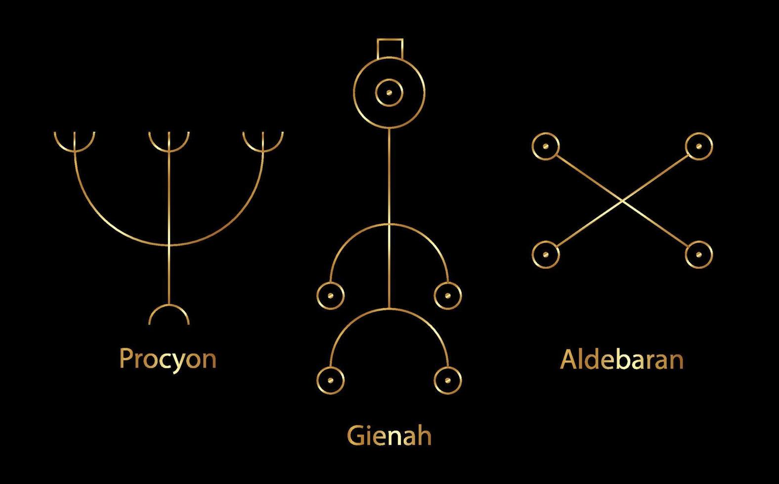 astrologistjärnor, procyon eller canis minor, gienah eller corvus, aldebaran eller oculus tauri. ange hieroglyfiska tecken, hermetiska kabbalistiska magiska symboler. guld linje konst vektor isolerad på svart bakgrund