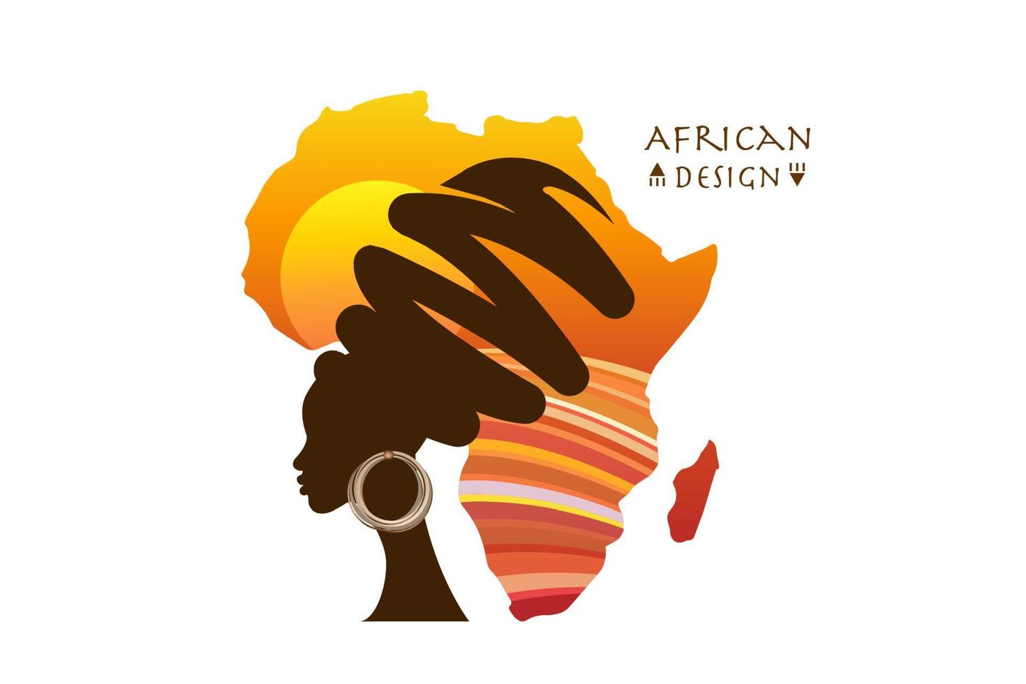 afrika mutterland, afrikanisches frauenporträt im ethnischen turban, silhouette, afrika kontinent karte sonnenuntergang landschaft. Afro-Design, Safari-Stammeslogo-Bannervektor isoliert auf weißem Hintergrund vektor