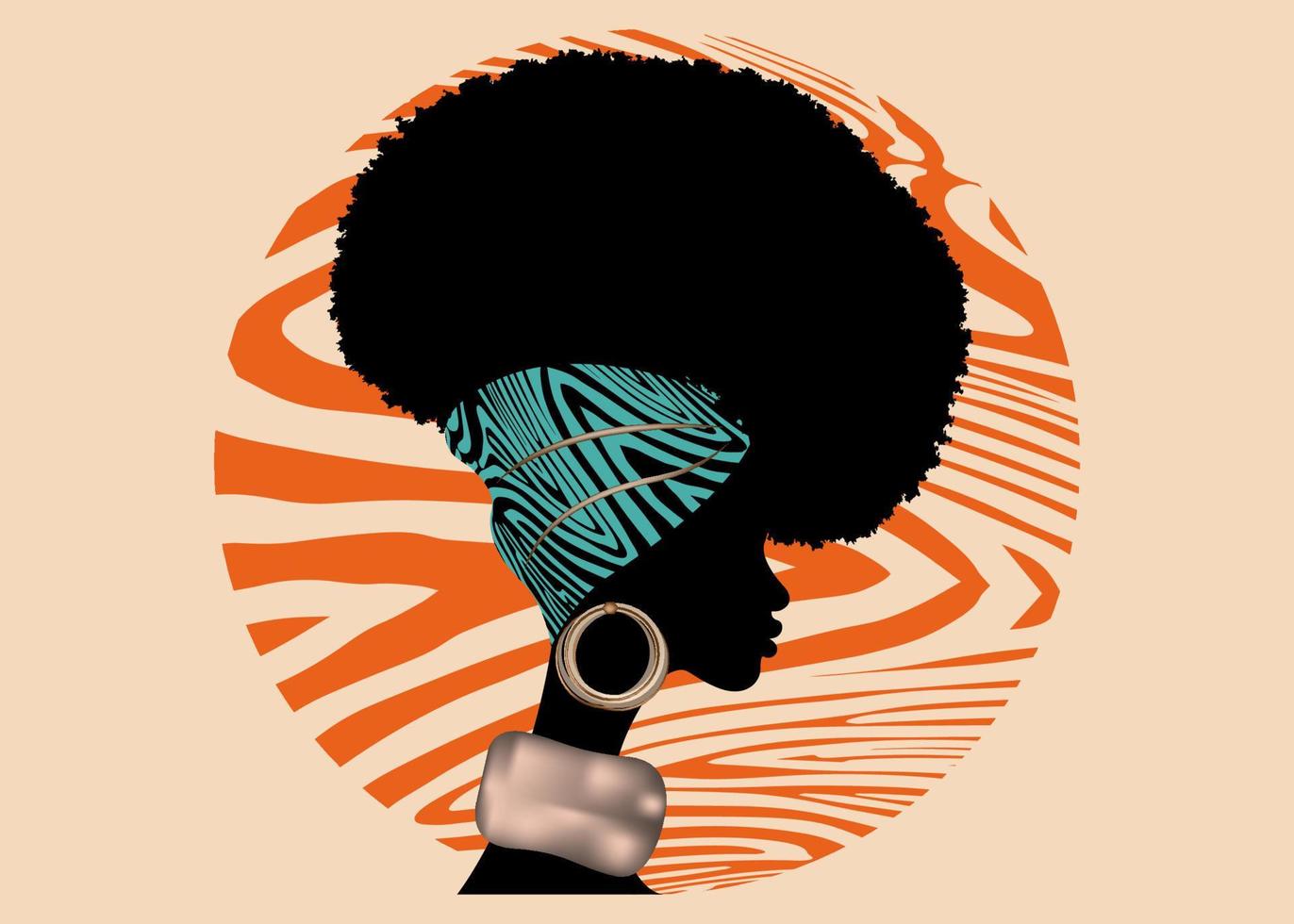 Portrait afrikanische Frau trägt Bandana für lockige Frisuren. shenbolen ankara headwrap frauen. afro traditioneller Headtie Schal Turban in Tribal Orange Zebra Stoff Design Textur. Vintage-Vektor isoliert vektor