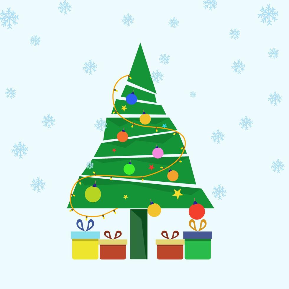weihnachtsbaumvektor und verziert mit geschenkboxen mit lichtern im schnee-, weihnachts- und winterfestkonzept. vektor