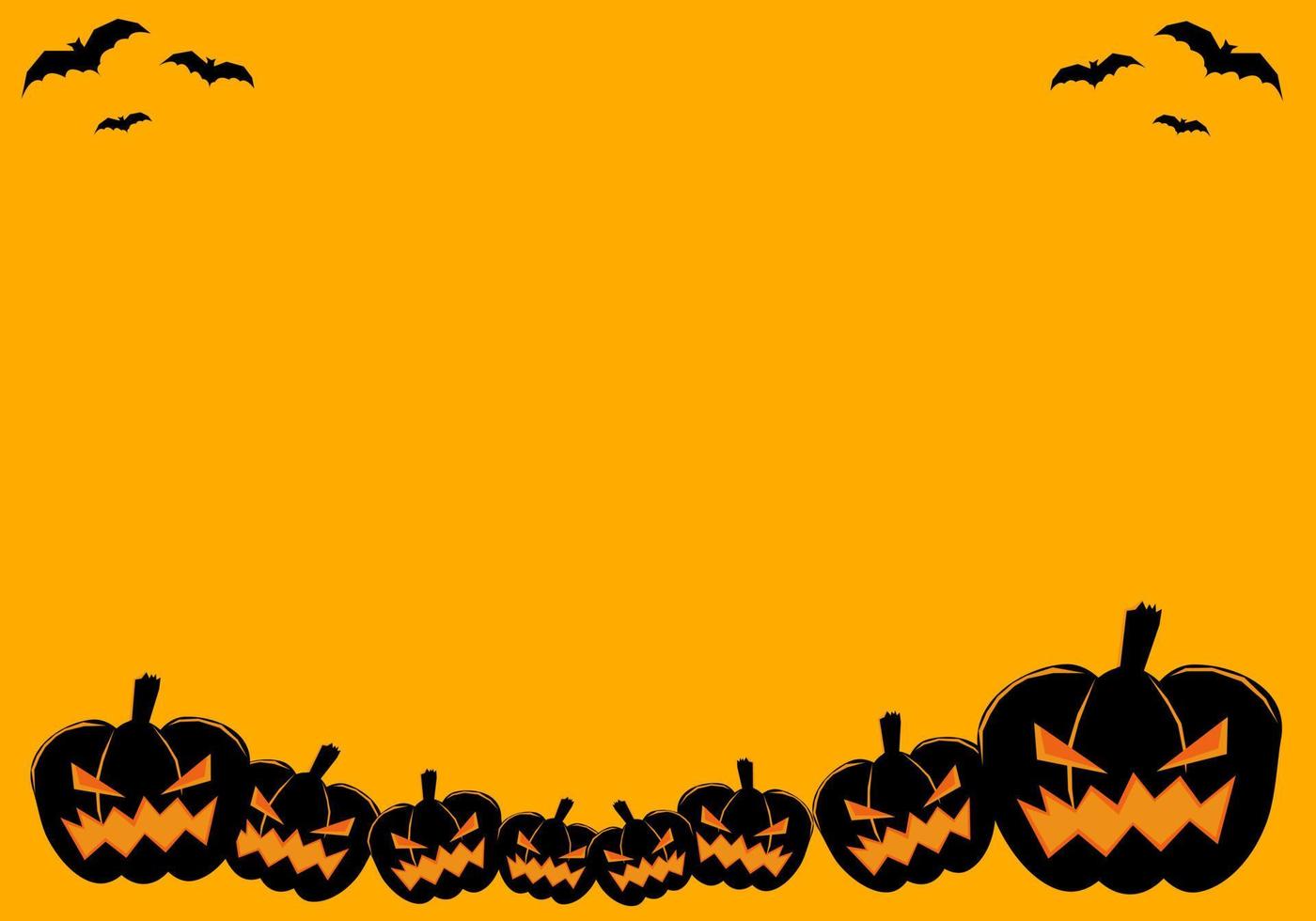 Halloween-Hintergrund, gespenstische Kürbisse und Fledermäuse auf orangefarbenem Hintergrund, Leerzeichen für Buchstaben. vektor