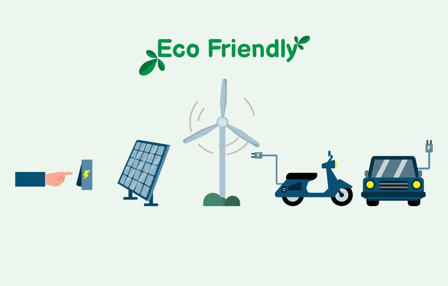 Eco umweltfreundliche flache Symbolvektorillustration, erneuerbare Energien wie Solar- und Windkraft und Elektrofahrzeuge, einschließlich Energieeinsparung. vektor