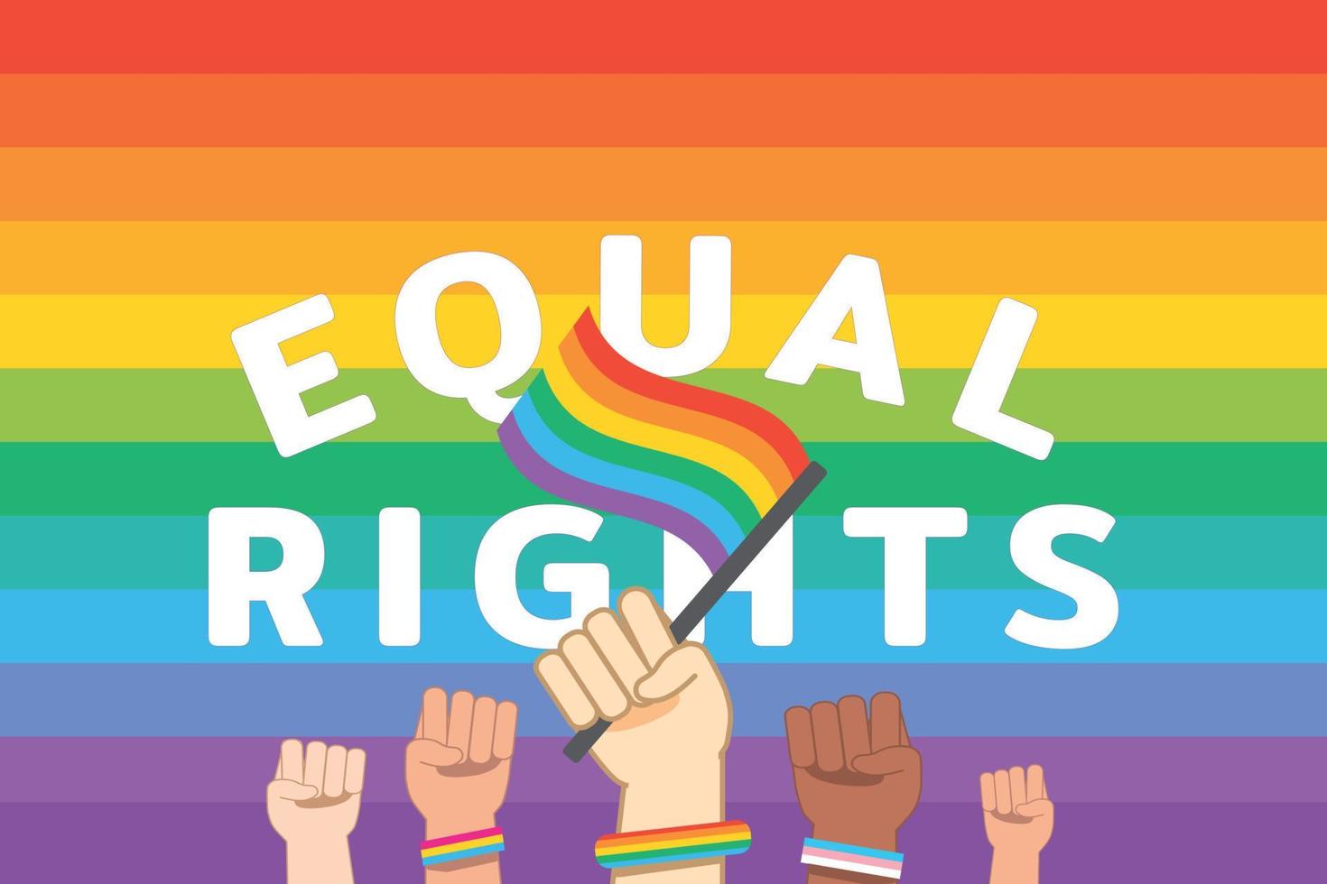 lika rättigheter platt banner .colorful lgbtq plus stolthet bakgrund med mångfald människor händer. vektor
