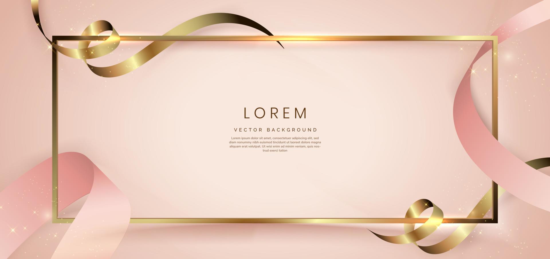 abstraktes 3D-Gold gebogenes Band auf roségoldenem Hintergrund mit Lichteffekt und Funkeln mit Kopierraum für Text. Luxus-Rahmen-Design-Stil. vektor