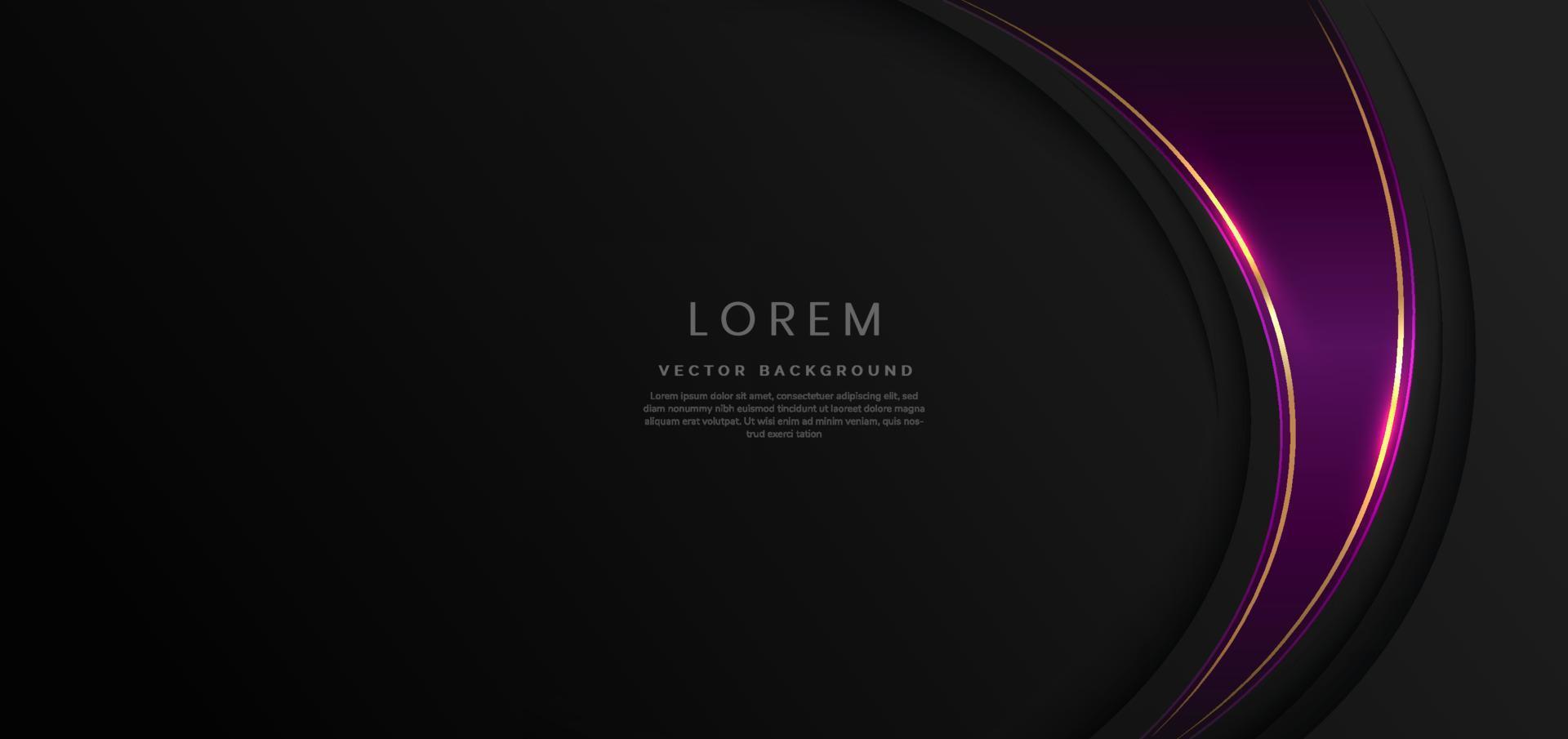 Abstrakte violette Luxuskurven mit elegantem goldenem Rand auf schwarzem Hintergrund, Platz für Text. Vorlagendesign-Stil. vektor