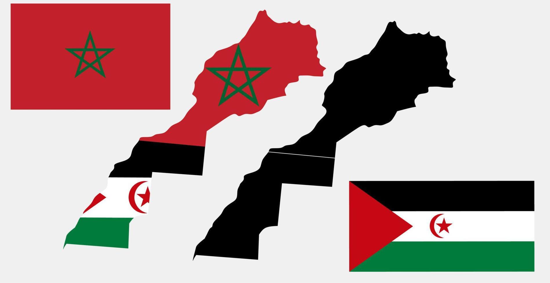 kungariket Marocko och Västsahara kartflagga ikonuppsättning vektor