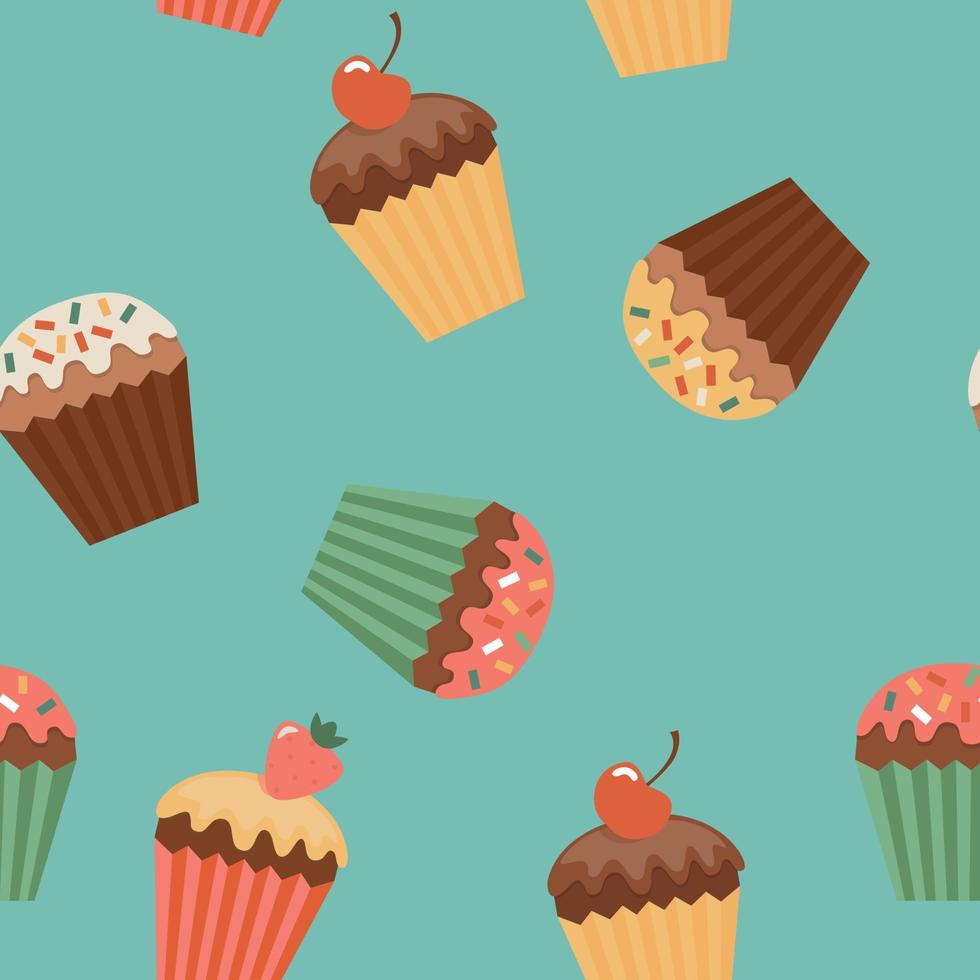 seamless mönster med cupcakes med jordgubbar och körsbär på blå bakgrund en vektor