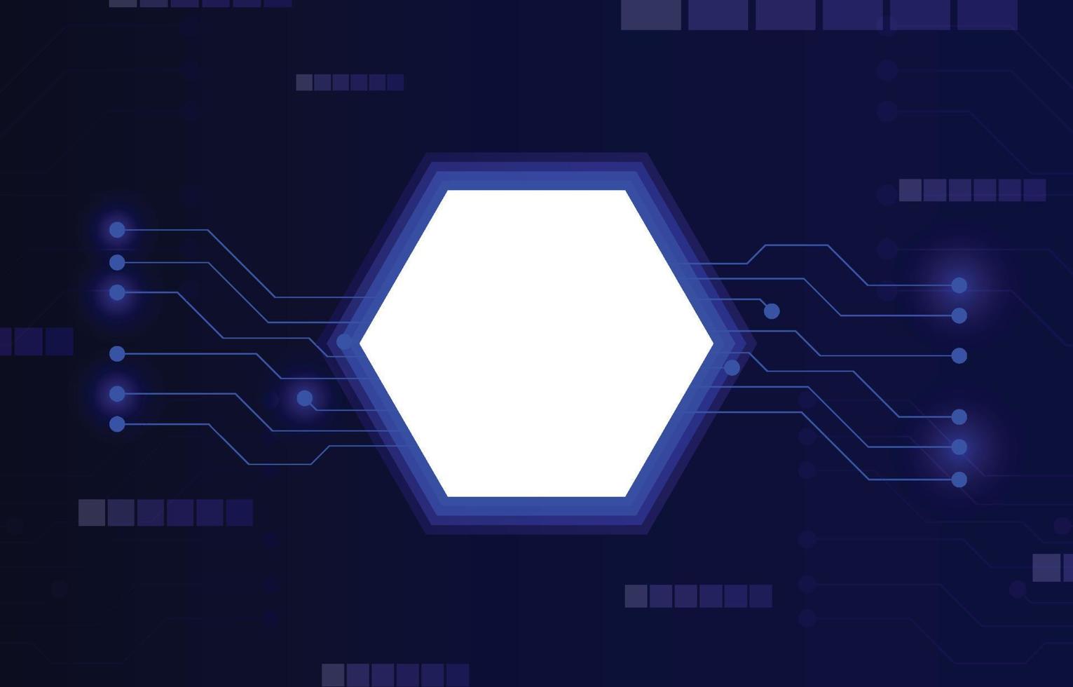 hexagon och kretsteknik med fyrkantiga former på mörkblå bakgrund. abstrakt futuristisk illustration vektor glödande design digitala sociala nätverk ansluta koncept.