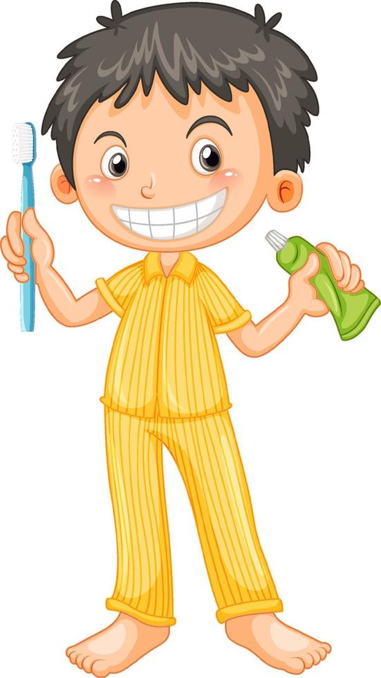 pojke i pyjamas håller tandborste och tandkräm vektor