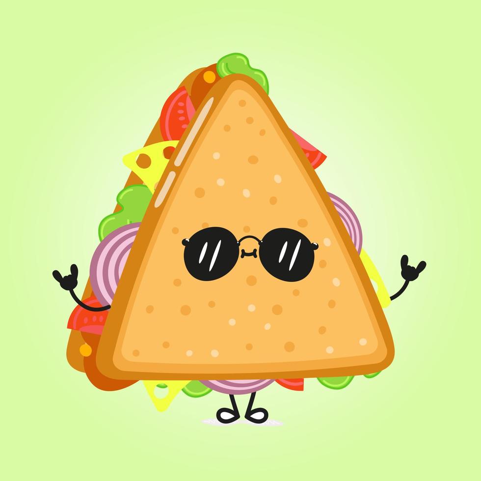 süßer lustiger sandwich-charakter. vektor hand gezeichnete karikatur kawaii charakter illustration symbol. isoliert auf grünem Hintergrund. Sandwich-Charakter-Konzept