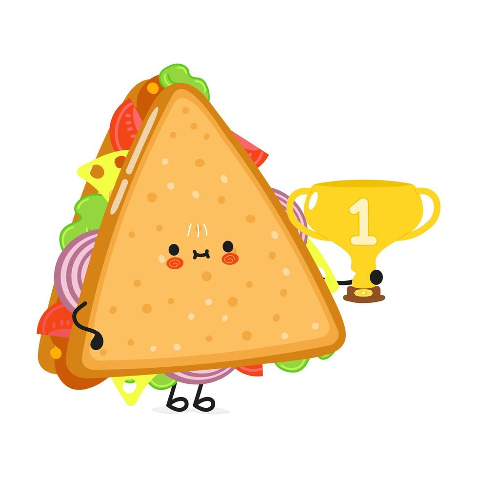 süßer lustiger Sandwich-Hold-Goldpokal. vektor hand gezeichnete karikatur kawaii charakter illustration symbol. isoliert auf weißem Hintergrund. Sandwich mit Siegerpokal