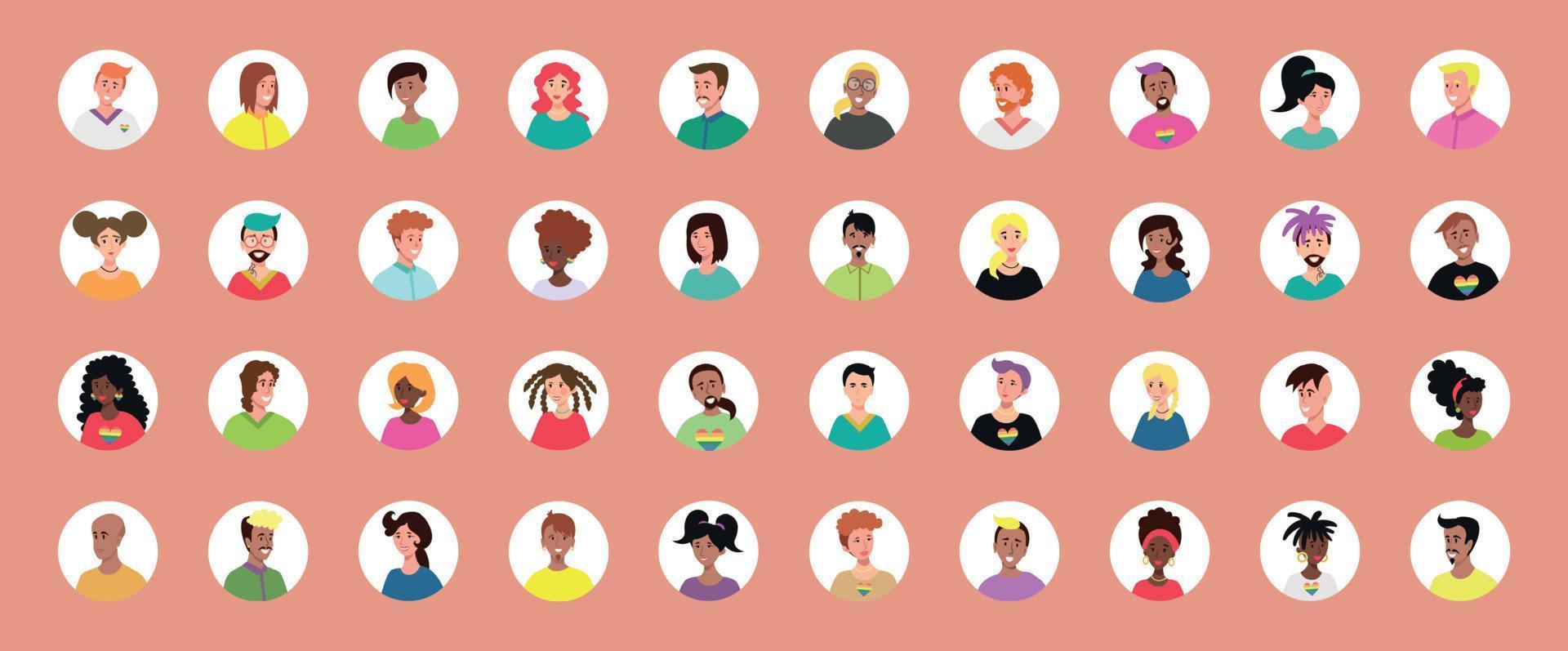 Satz von 40 eingekreisten Avataren mit den Gesichtern junger Menschen. Bild verschiedener Rassen und Nationalitäten, Frauen und Männer. satz von benutzerprofilsymbolen. Runde Abzeichen mit glücklichen Menschen - Vektor