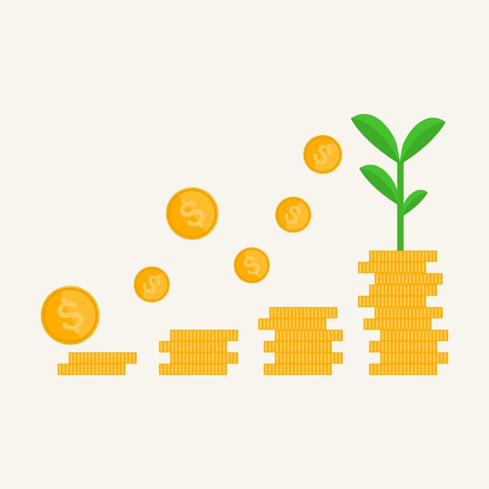 pengar tillväxt koncept .vector staplade pengar mynt fyra rader i rad och ett träd växer på pengarna och det finns en tillväxt pil. vektor
