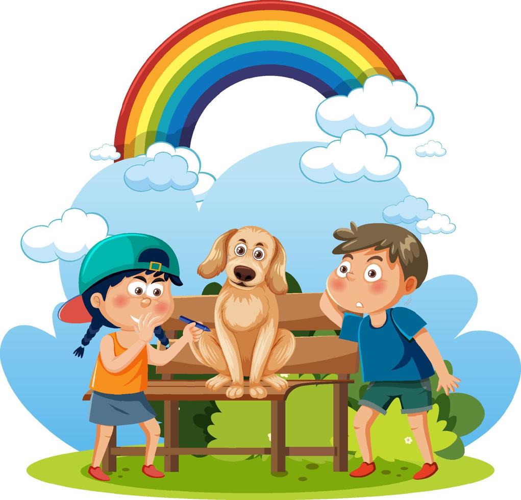 Zeichentrickfigur mit zwei Jungen und ein Hund vektor