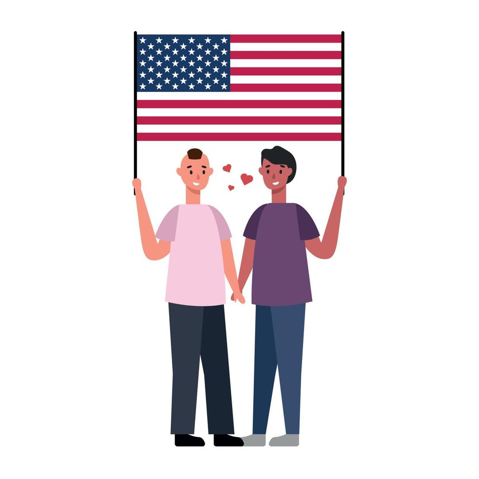 lgbt-familie mit usa-flagge, zwei männer weißer hintergrund - vektor