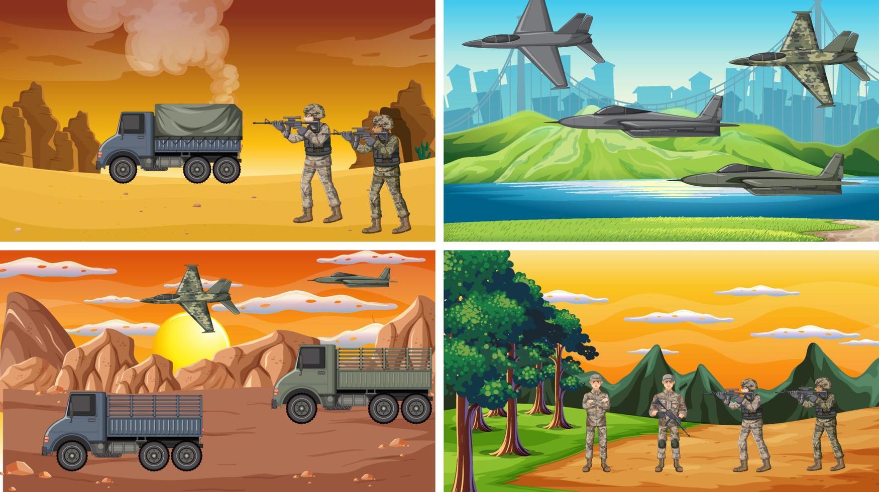 uppsättning av olika krigsscener för armén vektor