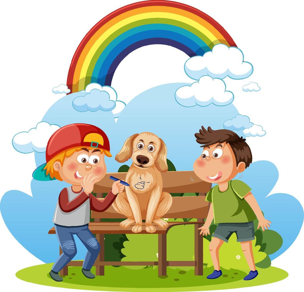 två pojkar seriefigur och en hund vektor