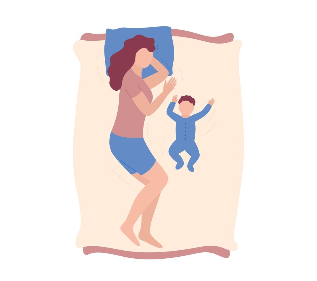 mamma och bebis sover tillsammans. samsömn av mamma och lilla barn. kvinna och nyfödd baby liggande på sängen. läggdagsrutin. platt vektorillustration vektor