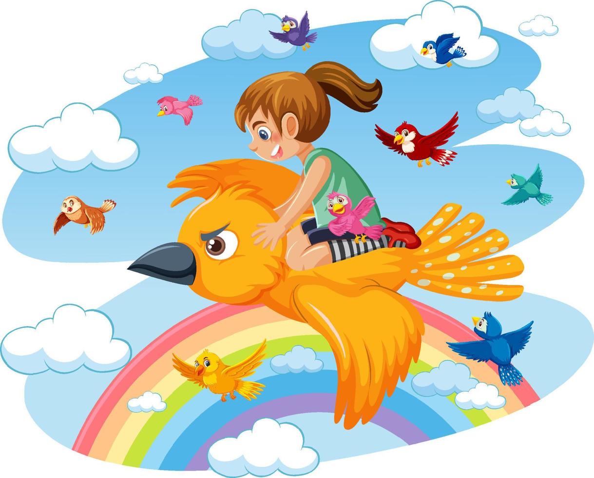 flicka som rider på en fågel på himlen vektor