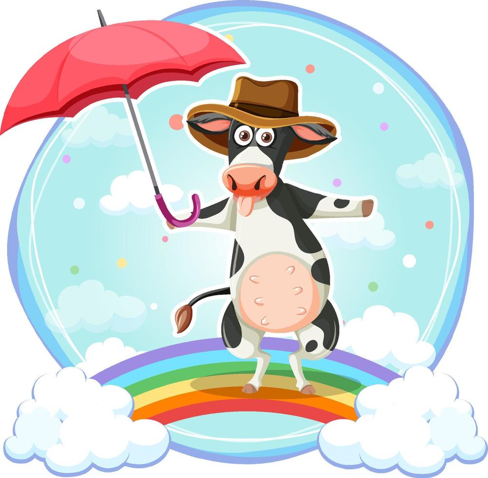 eine kuh, die regenschirm-zeichentrickfigur hält vektor