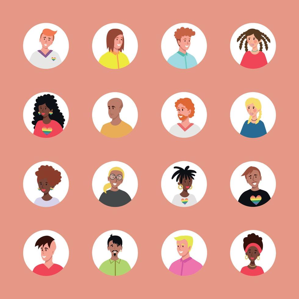 Set aus 16 eingekreisten Avataren mit den Gesichtern junger Menschen. Bild verschiedener Rassen und Nationalitäten, Frauen und Männer. satz von benutzerprofilsymbolen. Runde Abzeichen mit glücklichen Menschen - Vektor